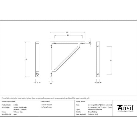 From The Anvil - Polished Brass Barton Shelf Bracket (150mm x 150mm) | Sku. 51105 | Trade Door Handles.