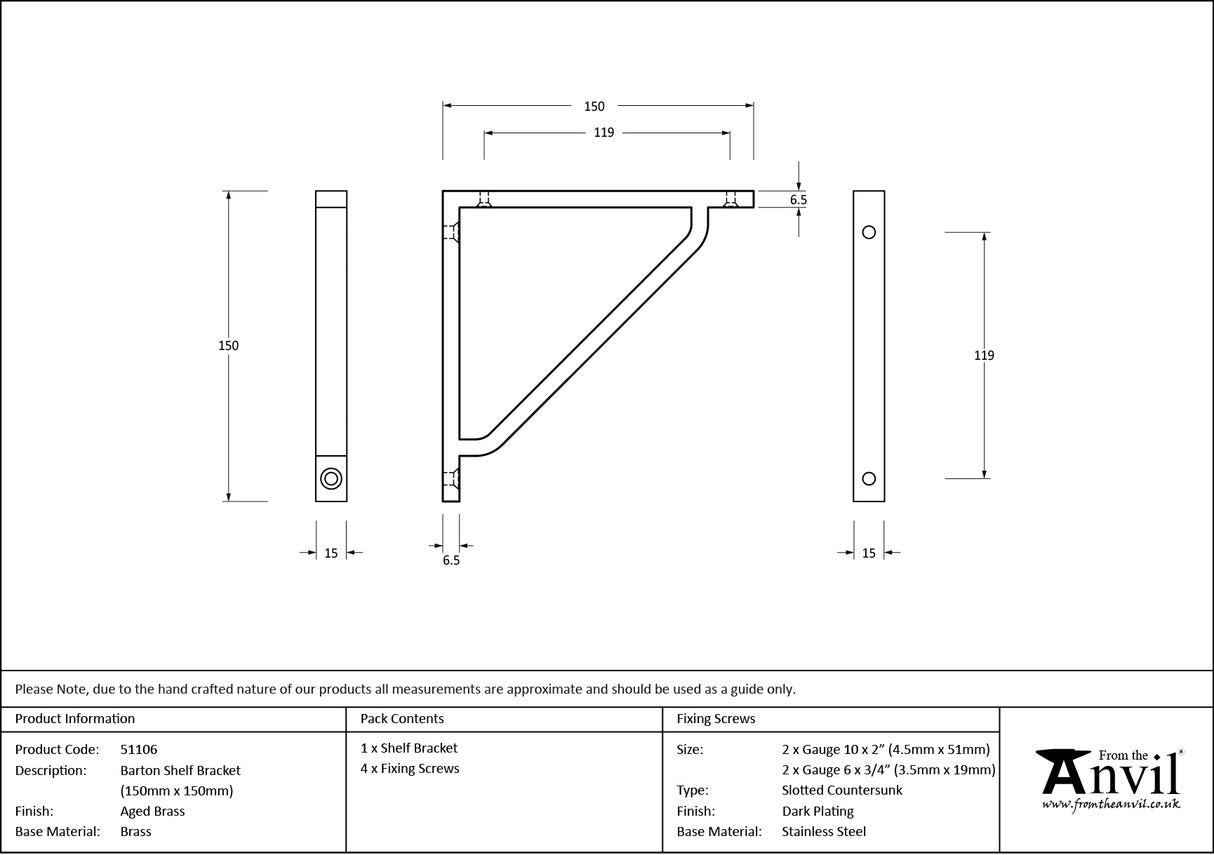 From The Anvil - Aged Brass Barton Shelf Bracket (150mm x 150mm) | Sku. 51106 | Trade Door Handles.