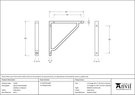 From The Anvil - Satin Brass Barton Shelf Bracket (150mm x 150mm) | Sku. 51107 | Trade Door Handles.