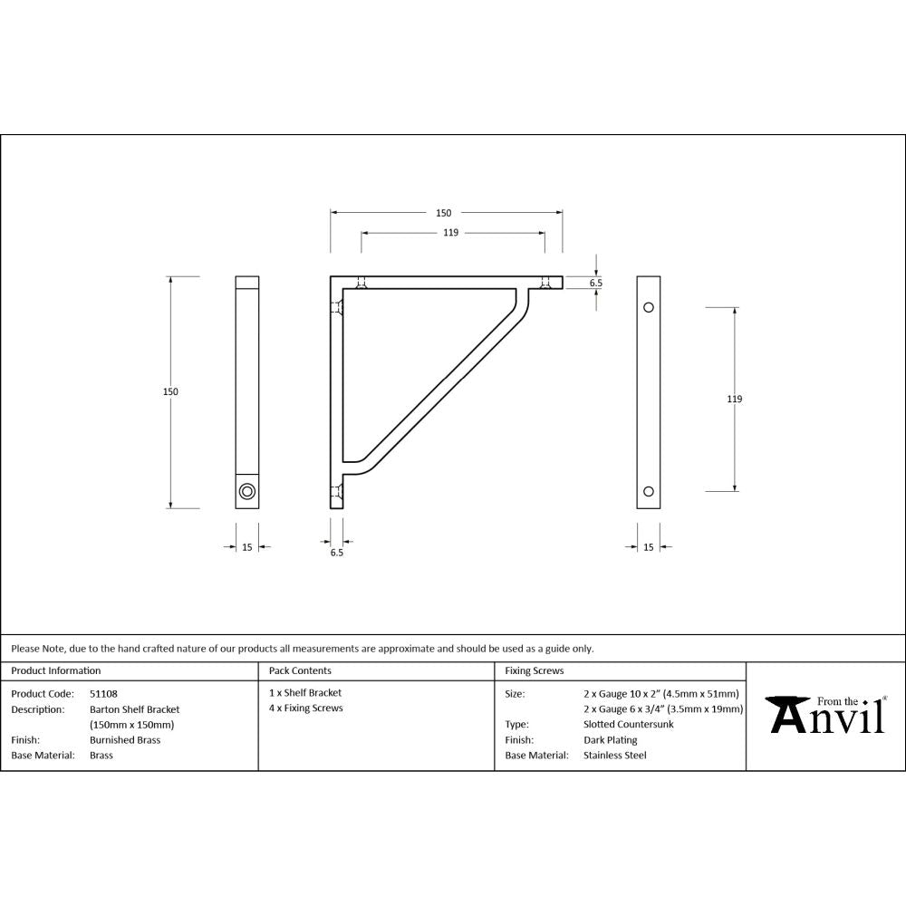 From The Anvil - Burnished Brass Barton Shelf Bracket (150mm x 150mm) | Sku. 51108 | Trade Door Handles.