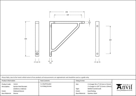 From The Anvil - Polished Bronze Barton Shelf Bracket (150mm x 150mm) | Sku. 51113 | Trade Door Handles.