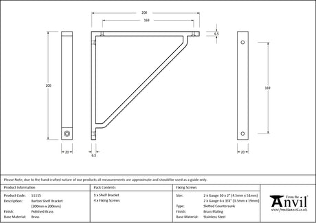 From The Anvil - Polished Brass Barton Shelf Bracket (200mm x 200mm) | Sku. 51115 | Trade Door Handles.