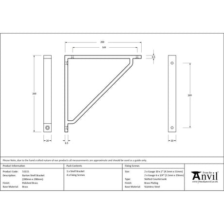 From The Anvil - Polished Brass Barton Shelf Bracket (200mm x 200mm) | Sku. 51115 | Trade Door Handles.