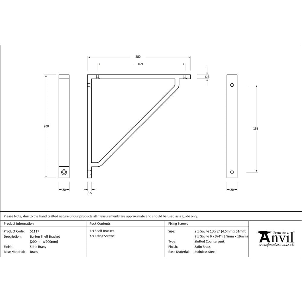 From The Anvil - Satin Brass Barton Shelf Bracket (200mm x 200mm) | Sku. 51117 | Trade Door Handles.