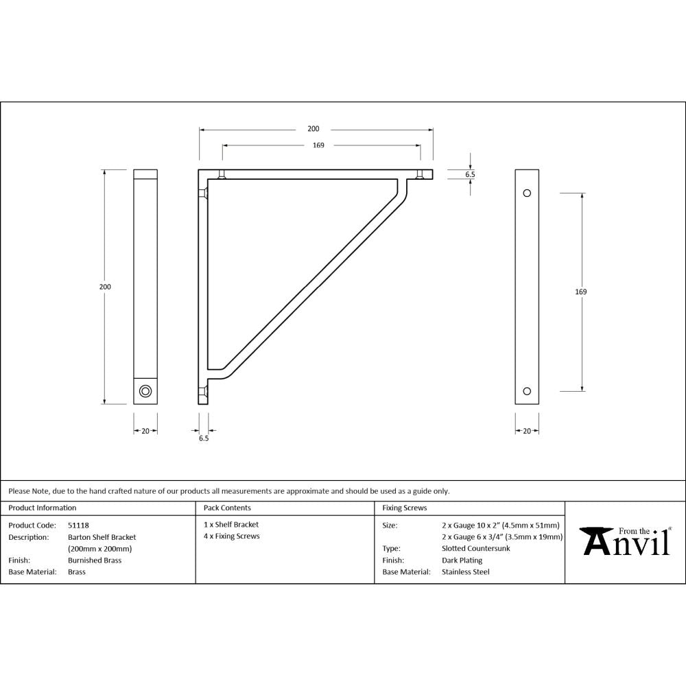 From The Anvil - Burnished Brass Barton Shelf Bracket (200mm x 200mm) | Sku. 51118 | Trade Door Handles.