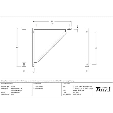 From The Anvil - Burnished Brass Barton Shelf Bracket (200mm x 200mm) | Sku. 51118 | Trade Door Handles.