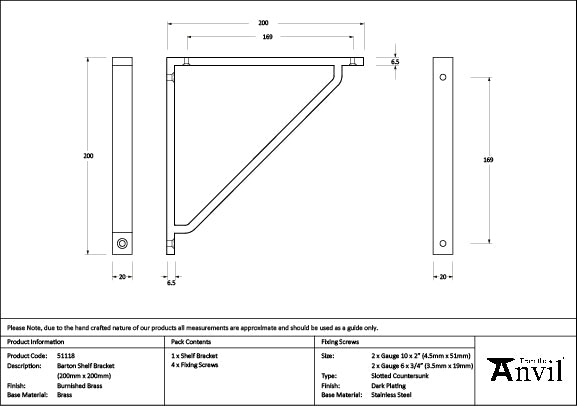 From The Anvil - Burnished Brass Barton Shelf Bracket (200mm x 200mm)