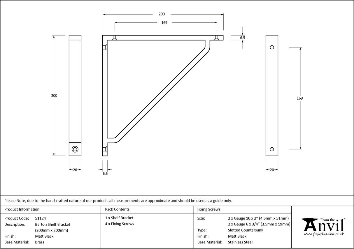 From The Anvil - Matt Black Barton Shelf Bracket (200mm x 200mm) | Sku. 51124 | Trade Door Handles.