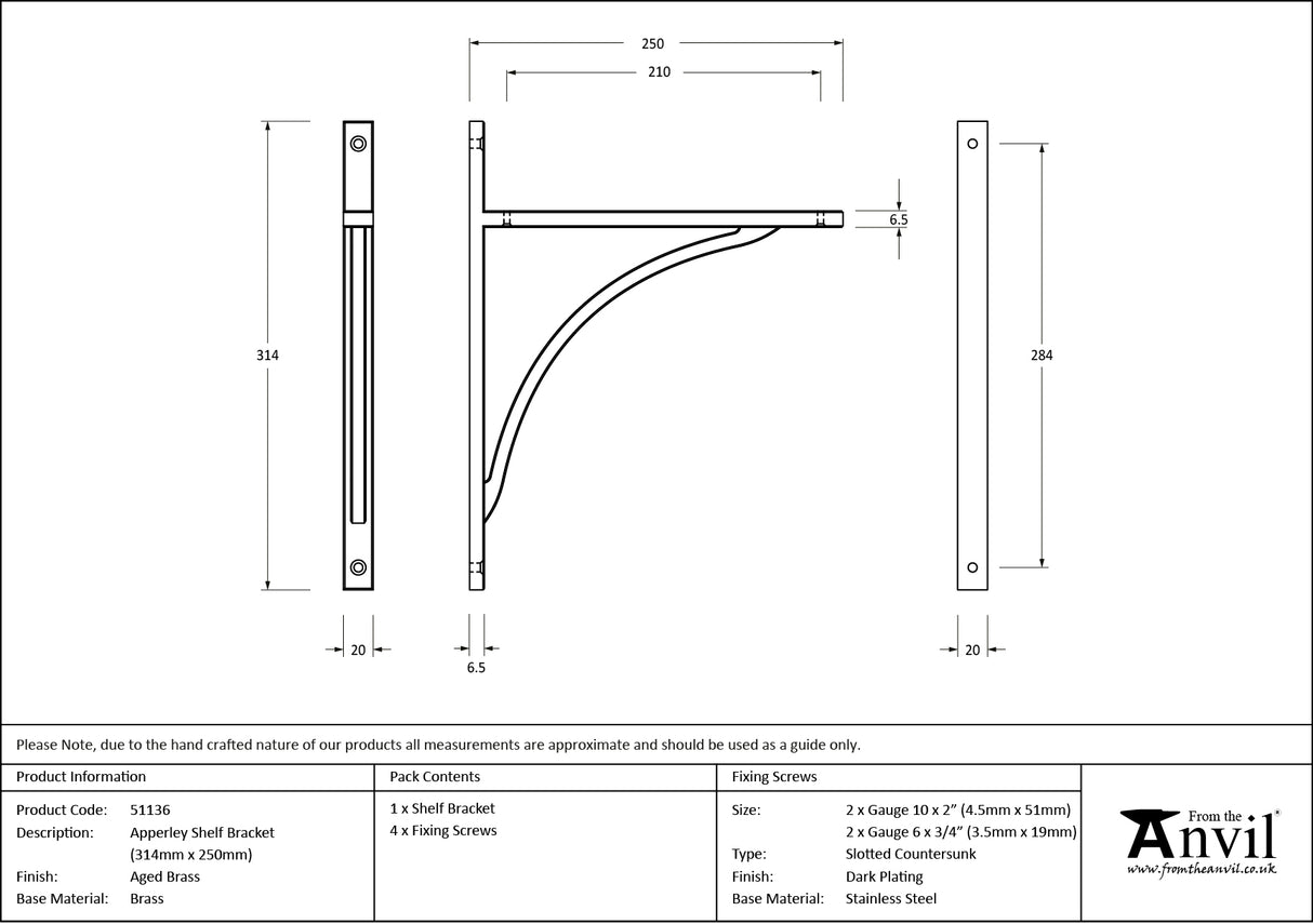 From The Anvil - Aged Brass Apperley Shelf Bracket (314mm x 250mm) | Sku. 51136 | Trade Door Handles.