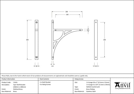 From The Anvil - Polished Brass Tyne Shelf Bracket (260mm x 200mm) | Sku. 51165 | Trade Door Handles.
