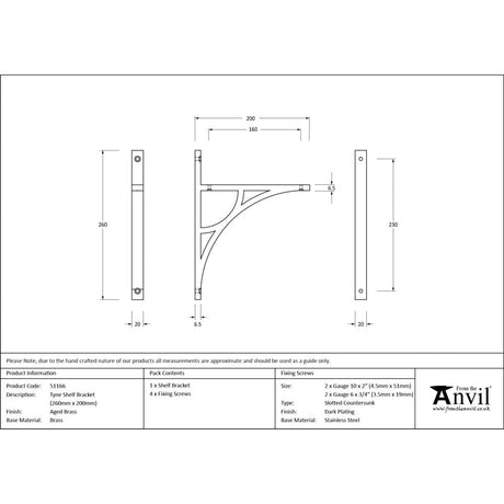 From The Anvil - Aged Brass Tyne Shelf Bracket (260mm x 200mm) | Sku. 51166 | Trade Door Handles.