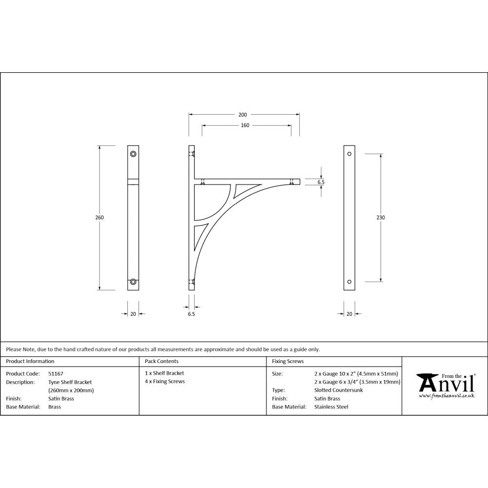 From The Anvil - Satin Brass Tyne Shelf Bracket (260mm x 200mm) | Sku. 51167 | Trade Door Handles.