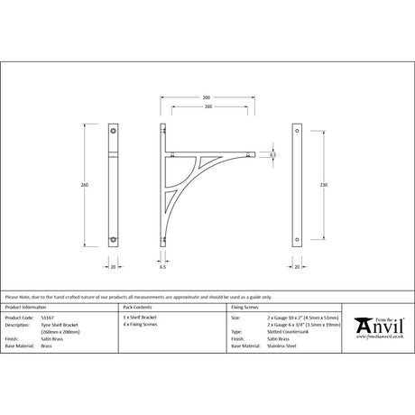 From The Anvil - Satin Brass Tyne Shelf Bracket (260mm x 200mm) | Sku. 51167 | Trade Door Handles.