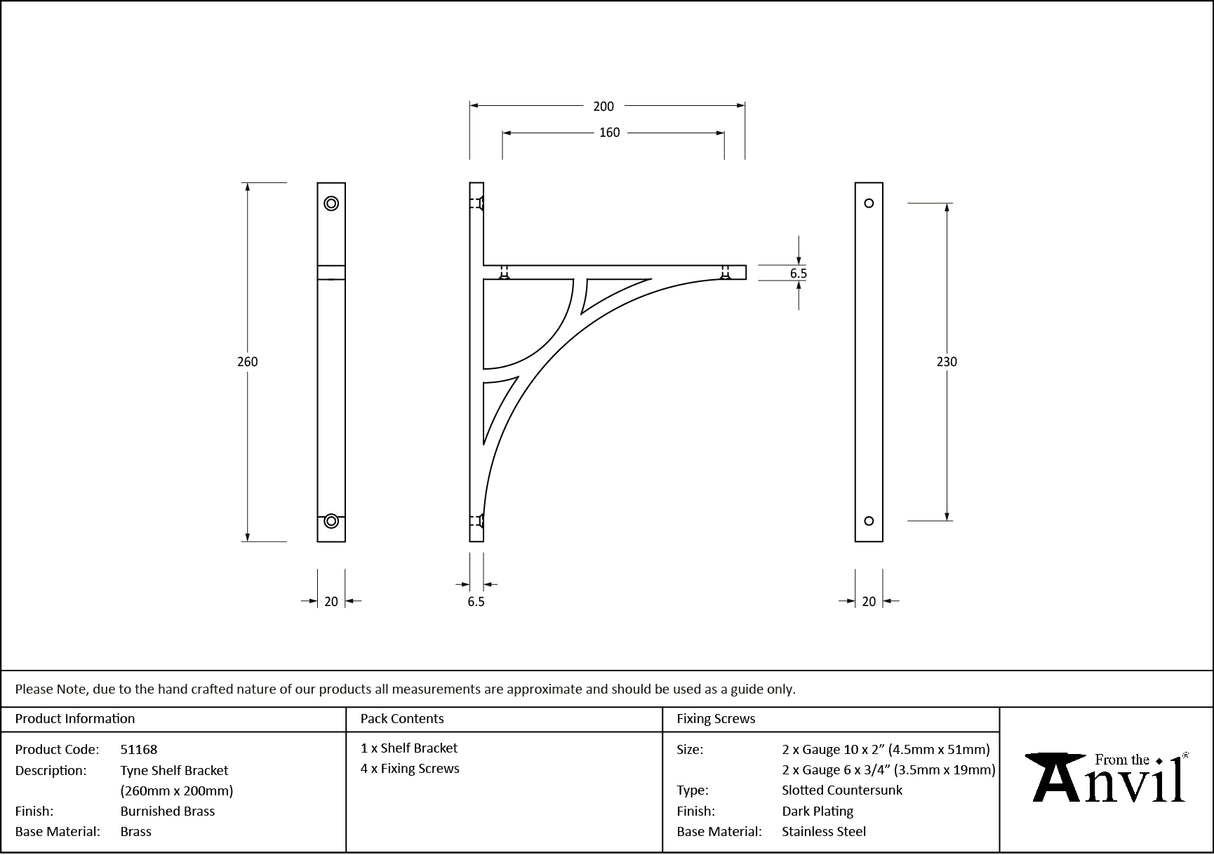 From The Anvil - Burnished Brass Tyne Shelf Bracket (260mm x 200mm) | Sku. 51168 | Trade Door Handles.