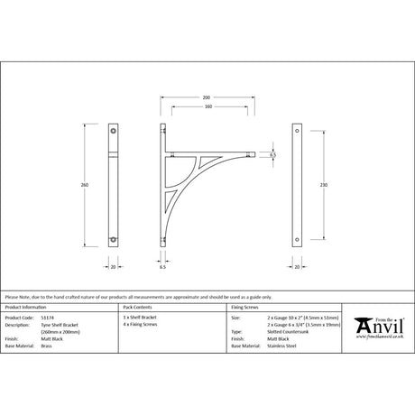 From The Anvil - Matt Black Tyne Shelf Bracket (260mm x 200mm) | Sku. 51174 | Trade Door Handles.