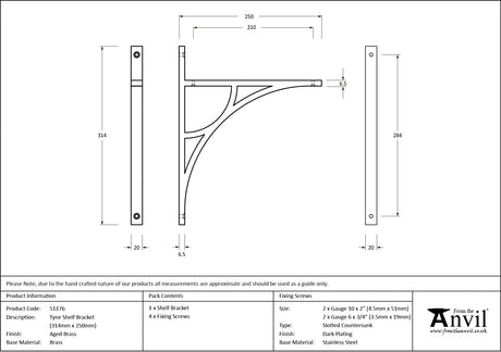 From The Anvil - Aged Brass Tyne Shelf Bracket (314mm x 250mm) | Sku. 51176 | Trade Door Handles.