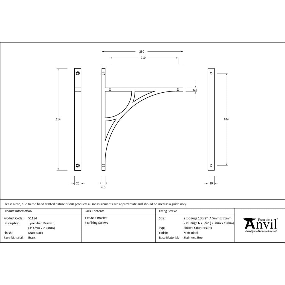 From The Anvil - Matt Black Tyne Shelf Bracket (314mm x 250mm) | Sku. 51184 | Trade Door Handles.