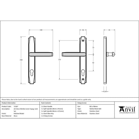 From The Anvil - Polished Nickel Art Deco Slimline Lever Espag. Lock Set | Sku. 51187 | Trade Door Handles.