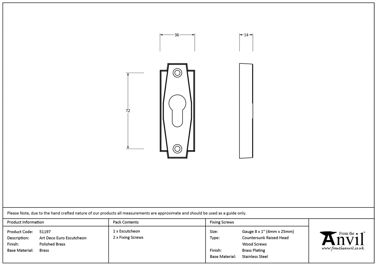 From The Anvil - Polished Brass Art Deco Euro Escutcheon | Sku. 51197 | Trade Door Handles.