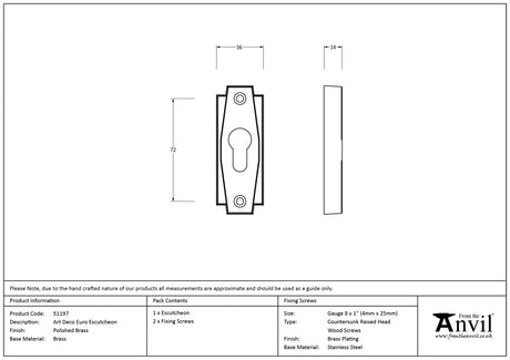 From The Anvil - Polished Brass Art Deco Euro Escutcheon | Sku. 51197 | Trade Door Handles.