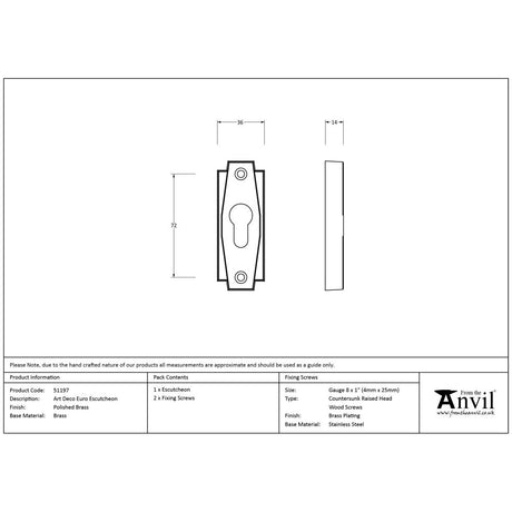 From The Anvil - Polished Brass Art Deco Euro Escutcheon | Sku. 51197 | Trade Door Handles.