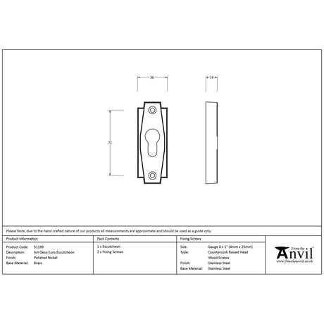 From The Anvil - Polished Nickel Art Deco Euro Escutcheon | Sku. 51199 | Trade Door Handles.