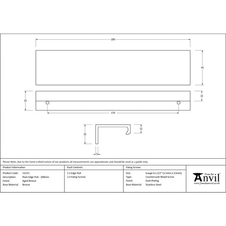 From The Anvil - Aged Bronze 200mm Plain Edge Pull | Sku. 51213 | Trade Door Handles.