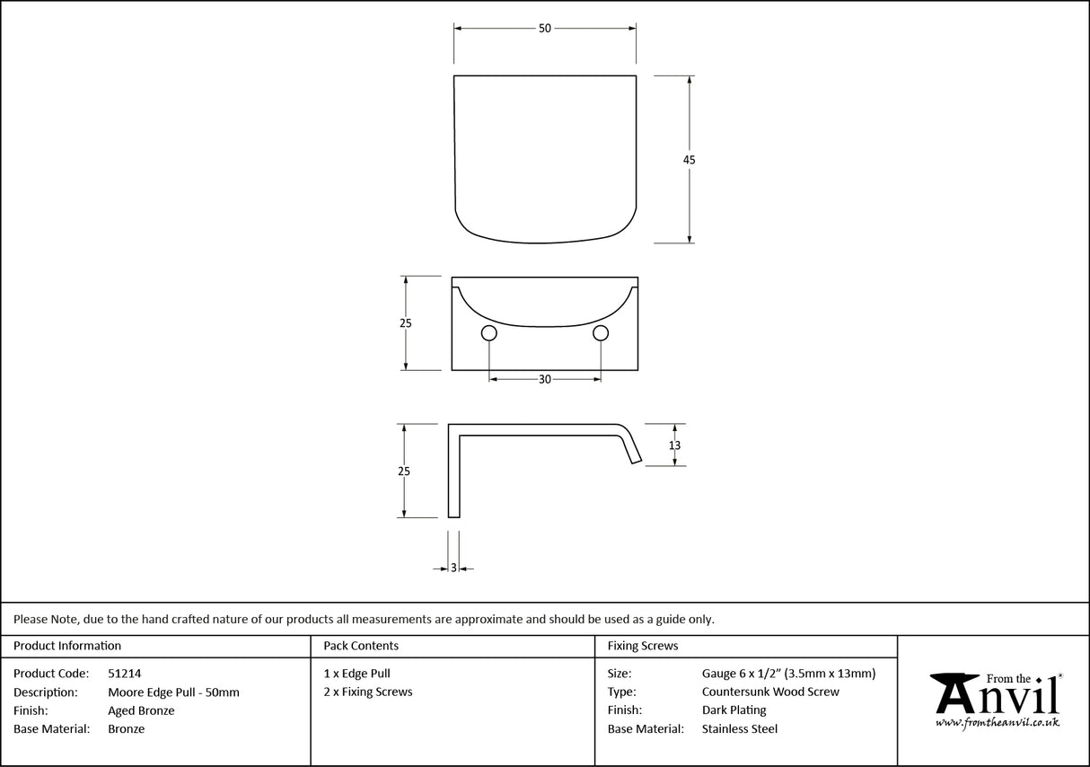 From The Anvil - Aged Bronze 50mm Moore Edge Pull | Sku. 51214 | Trade Door Handles.