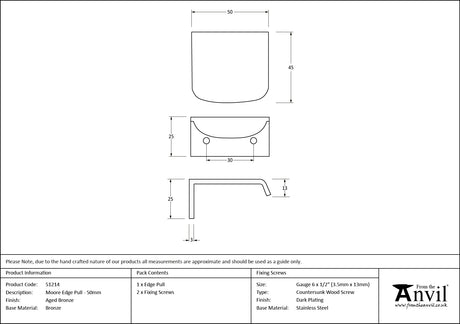 From The Anvil - Aged Bronze 50mm Moore Edge Pull | Sku. 51214 | Trade Door Handles.