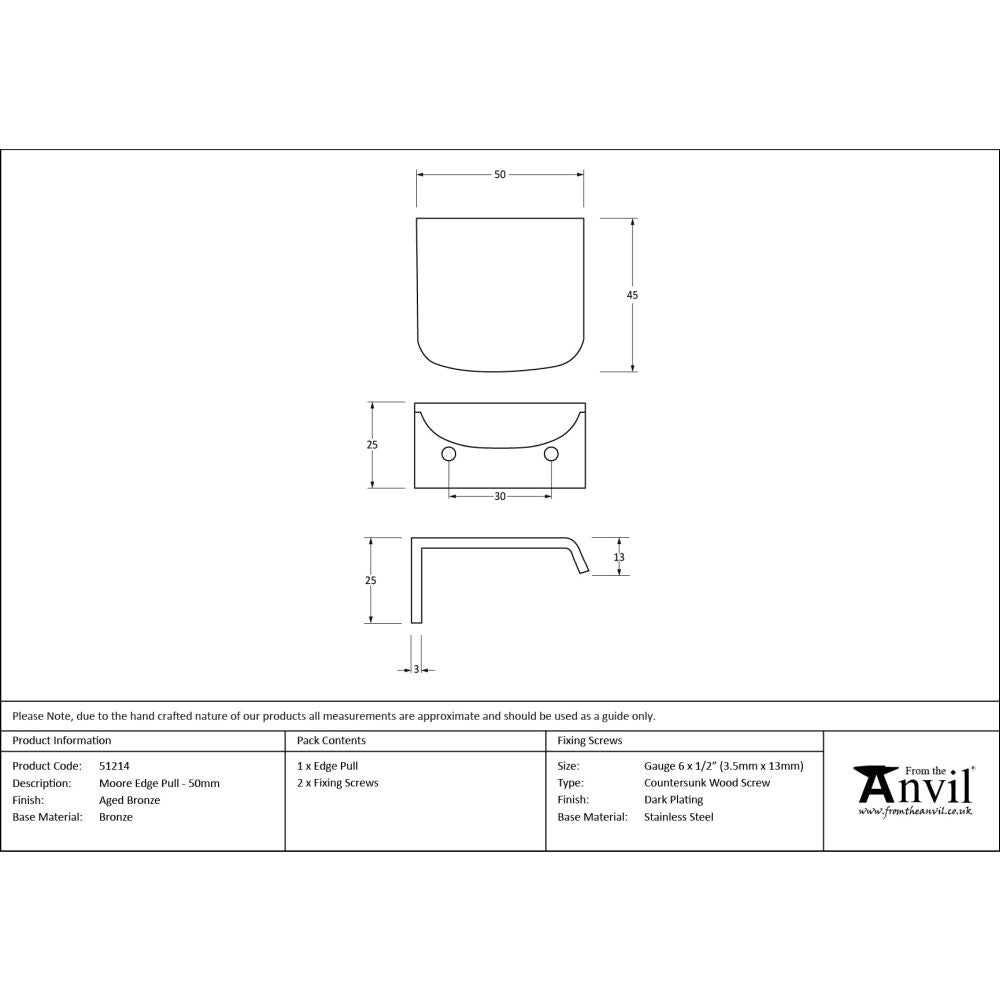 From The Anvil - Aged Bronze 50mm Moore Edge Pull | Sku. 51214 | Trade Door Handles.