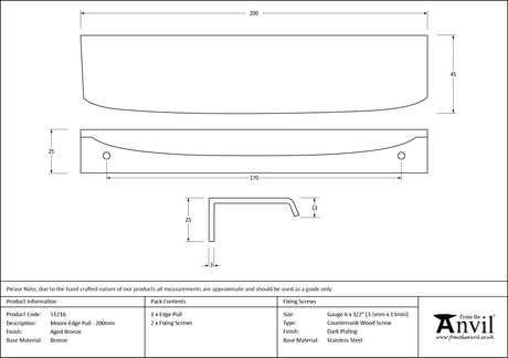 From The Anvil - Aged Bronze 200mm Moore Edge Pull | Sku. 51216 | Trade Door Handles.
