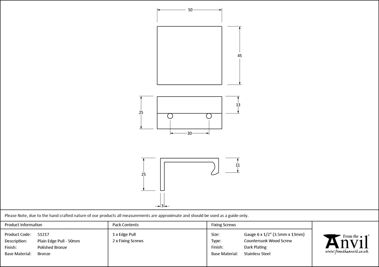 From The Anvil - Polished Bronze 50mm Plain Edge Pull | Sku. 51217 | Trade Door Handles.