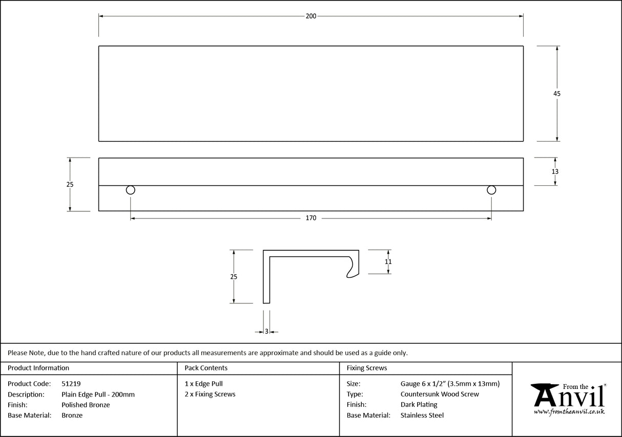 From The Anvil - Polished Bronze 200mm Plain Edge Pull | Sku. 51219 | Trade Door Handles.