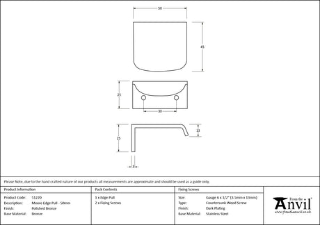 From The Anvil - Polished Bronze 50mm Moore Edge Pull | Sku. 51220 | Trade Door Handles.