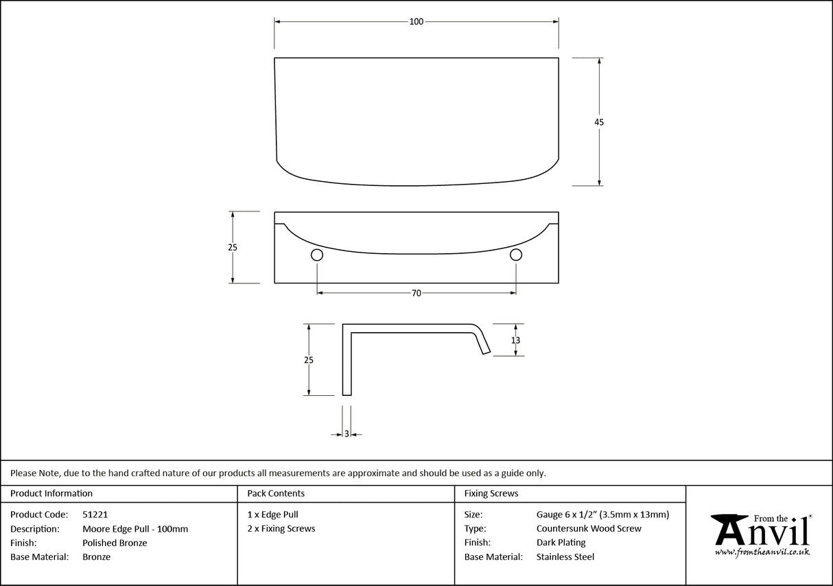 From The Anvil - Polished Bronze 100mm Moore Edge Pull | Sku. 51221 | Trade Door Handles.