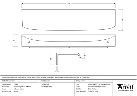 From The Anvil - Polished Bronze 200mm Moore Edge Pull | Sku. 51222 | Trade Door Handles.