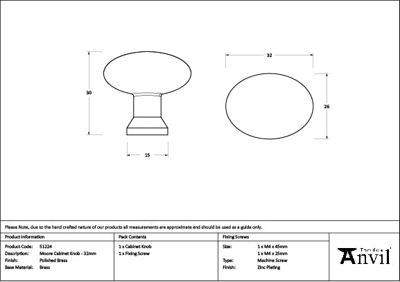 From The Anvil - Polished Brass Moore Cabinet Knob - 32mm