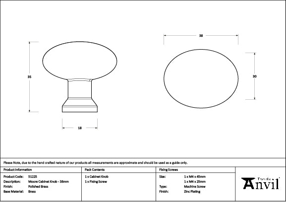 From The Anvil - Polished Brass Moore Cabinet Knob - 38mm