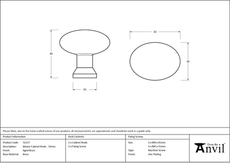 From The Anvil - Aged Brass Moore Cabinet Knob - 32mm | Sku. 51227 | Trade Door Handles.