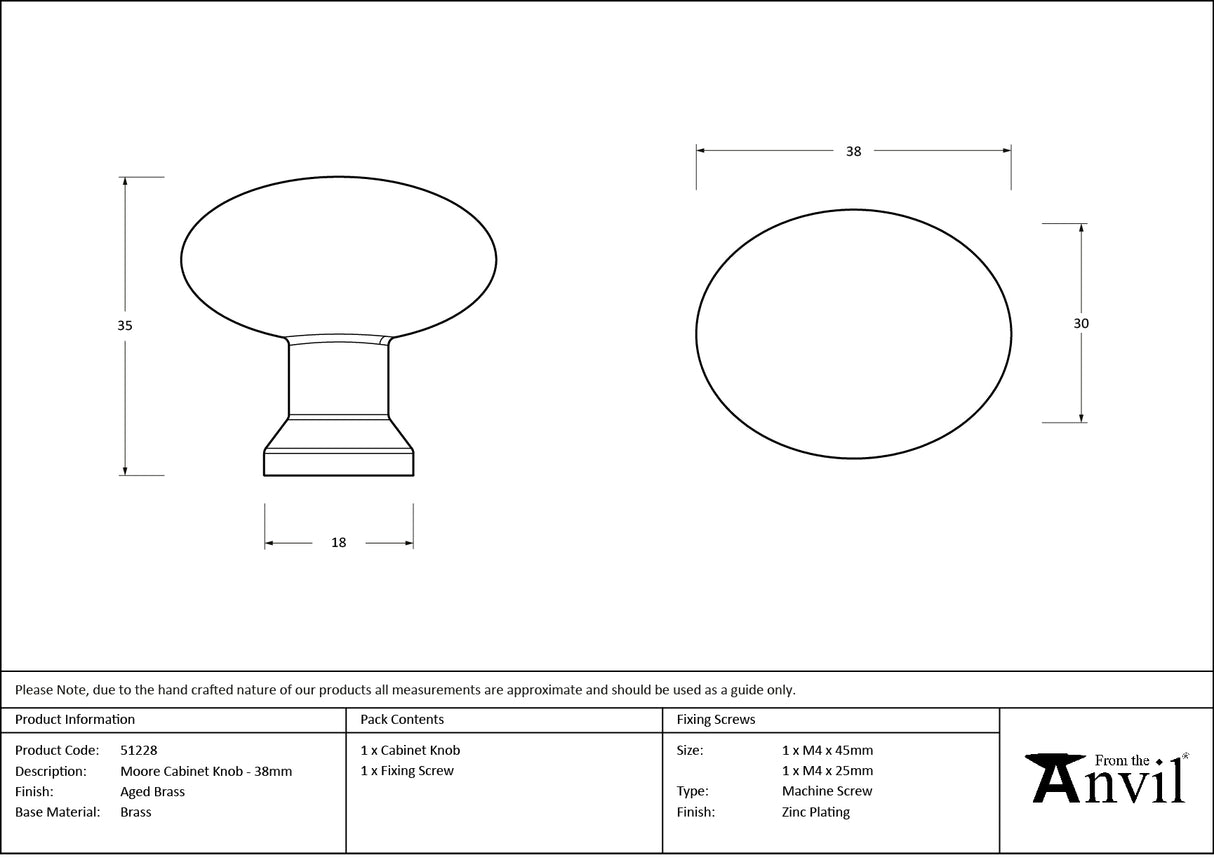 From The Anvil - Aged Brass Moore Cabinet Knob - 38mm | Sku. 51228 | Trade Door Handles.