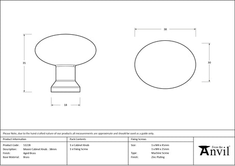 From The Anvil - Aged Brass Moore Cabinet Knob - 38mm | Sku. 51228 | Trade Door Handles.