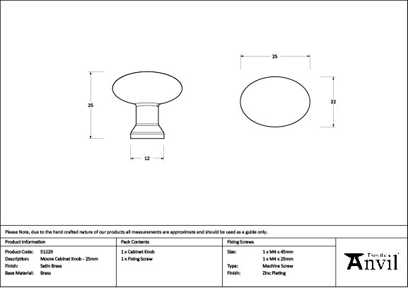 From The Anvil - Satin Brass Moore Cabinet Knob - 25mm