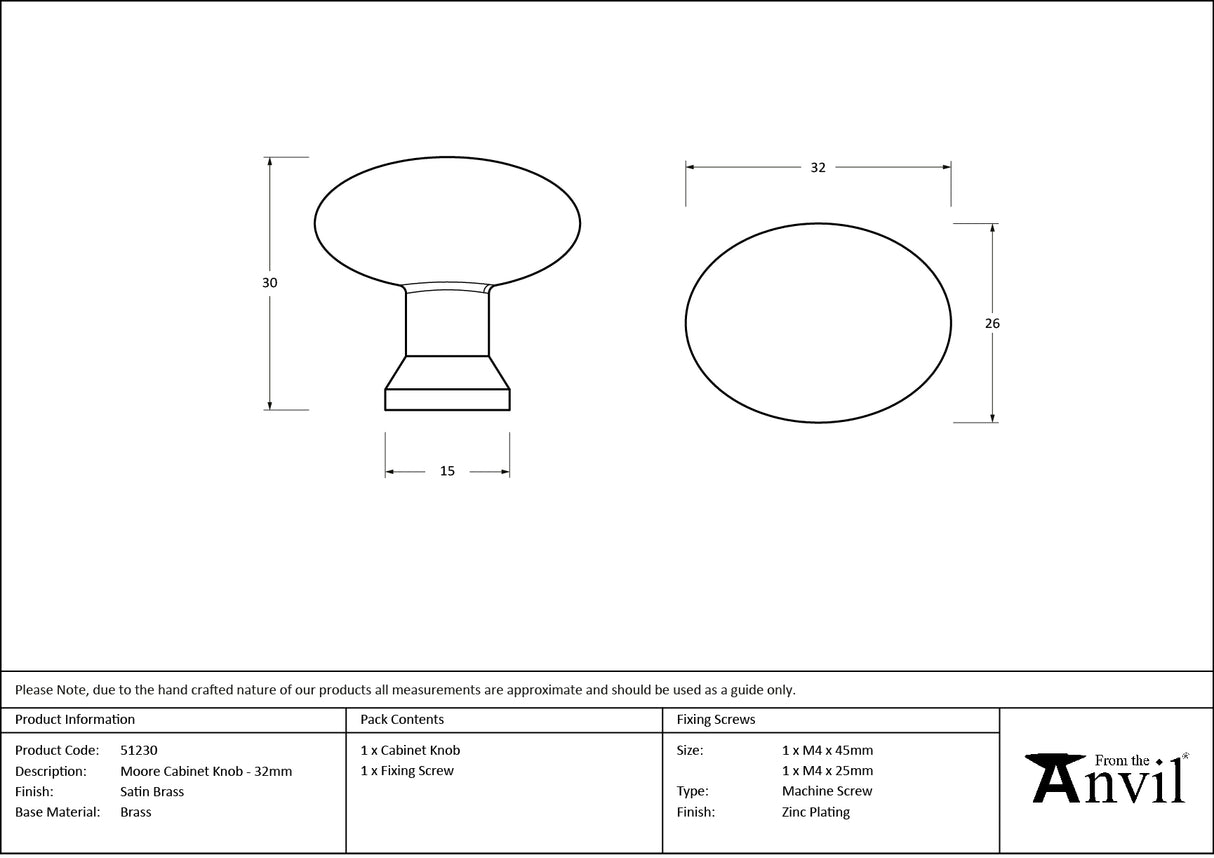From The Anvil - Satin Brass Moore Cabinet Knob - 32mm | Sku. 51230 | Trade Door Handles.