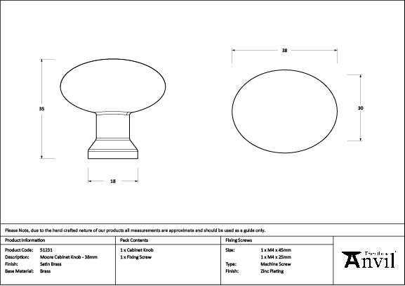 From The Anvil - Satin Brass Moore Cabinet Knob - 38mm