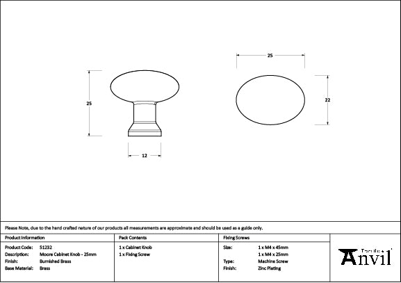 From The Anvil - Burnished Brass Moore Cabinet Knob - 25mm