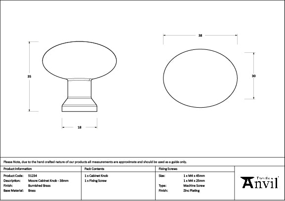 From The Anvil - Burnished Brass Moore Cabinet Knob - 38mm