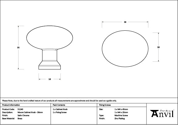 From The Anvil - Satin Chrome Moore Cabinet Knob - 38mm