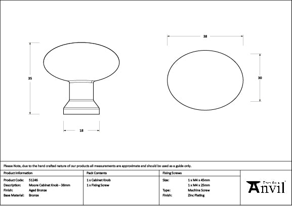 From The Anvil - Aged Bronze Moore Cabinet Knob - 38mm