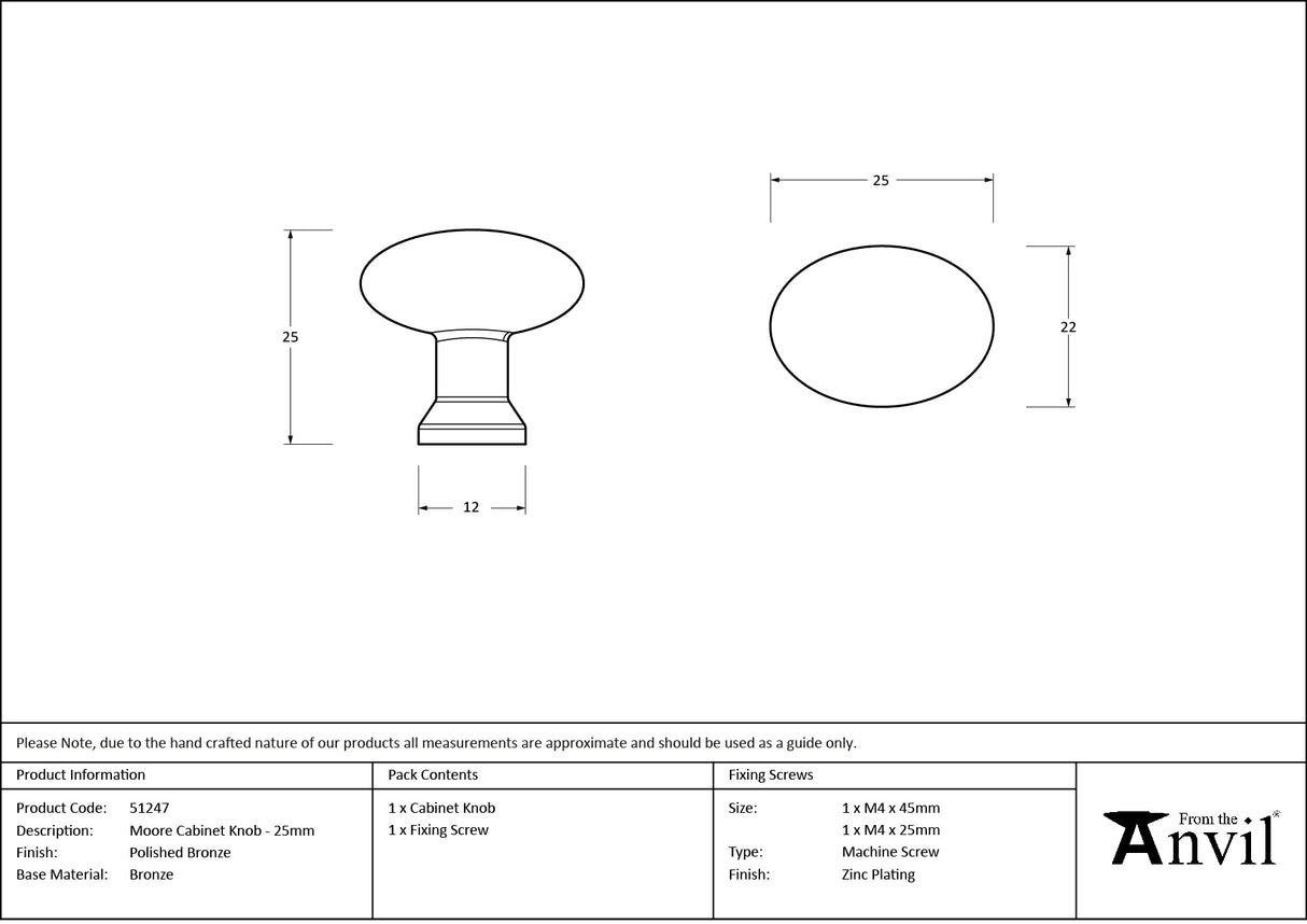 From The Anvil - Polished Bronze Moore Cabinet Knob - 25mm | Sku. 51247 | Trade Door Handles.