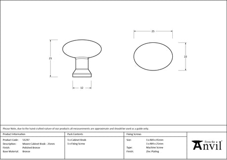 From The Anvil - Polished Bronze Moore Cabinet Knob - 25mm | Sku. 51247 | Trade Door Handles.